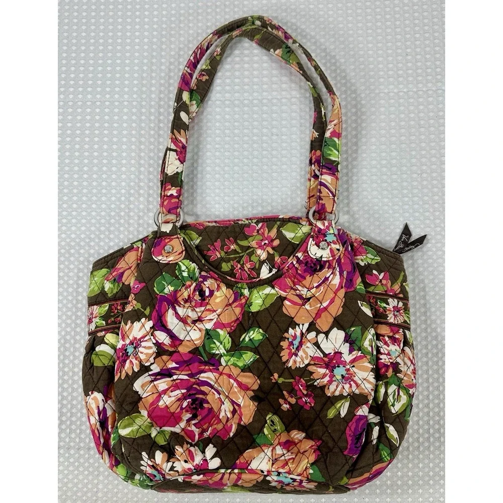 Vera Bradley Flower Shower Quilted Tote Brown Pink Floral Retired Shoulder Bag‎